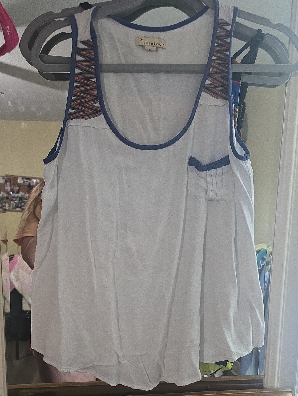 Forever 21 White Tank Top with Blue Trim and Embroidered Shoulders